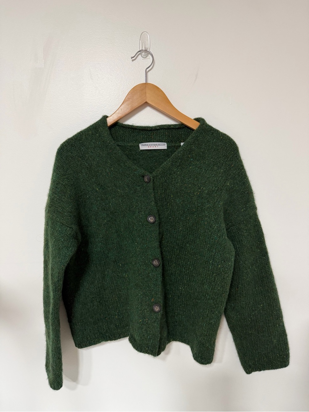 Vintage Valerie Stevens Green 100% Wool Donegal chunky Knit Cardigan Sweater